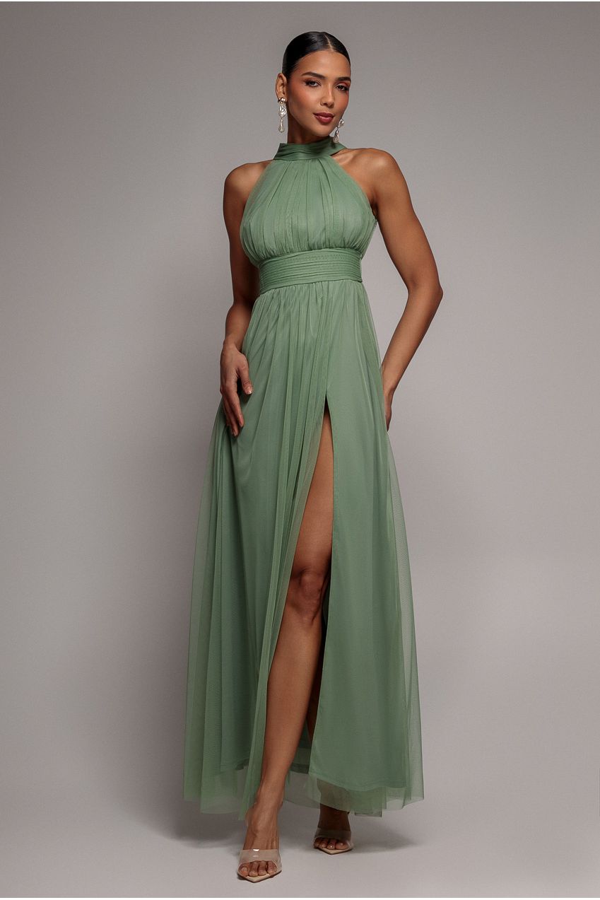 Goddiva Halter Neck Mesh Tie Maxi Dress - Dusty Sage