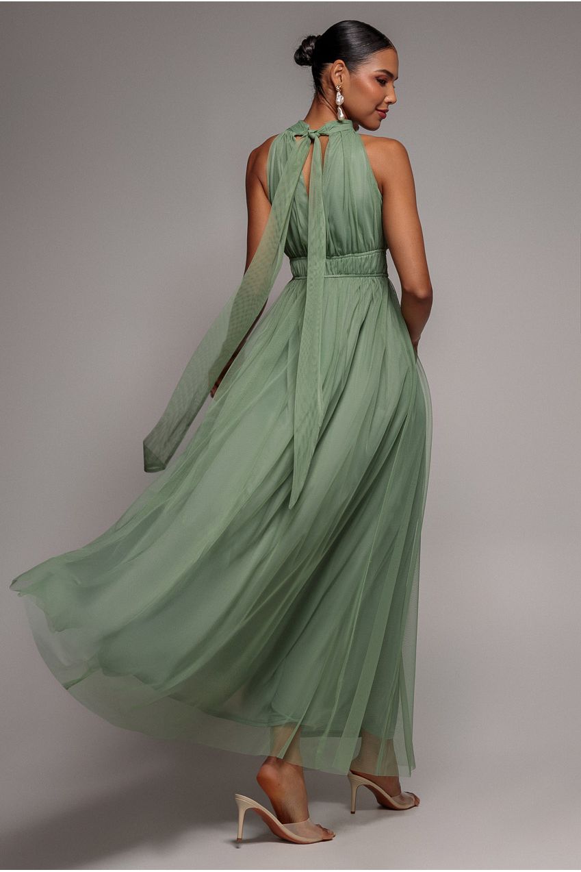 Goddiva Halter Neck Mesh Tie Maxi Dress - Dusty Sage
