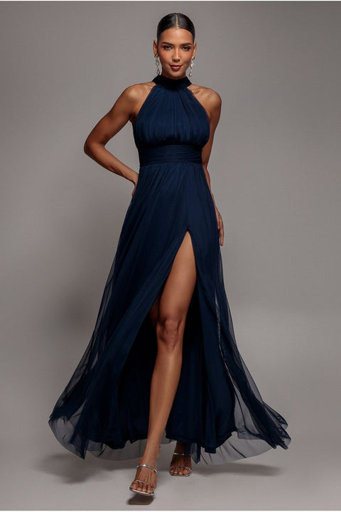 Goddiva Halter Neck Mesh Tie Maxi Dress - Navy Blue