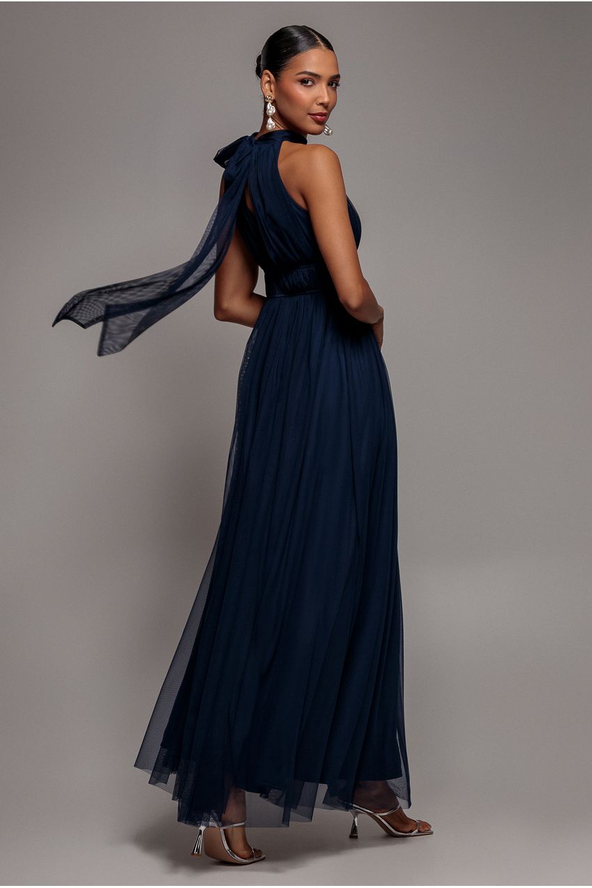 Goddiva Halter Neck Mesh Tie Maxi Dress - Navy Blue
