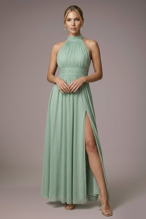 Goddiva Halter Neck Mesh Tie Maxi Dress - Dusty Sage