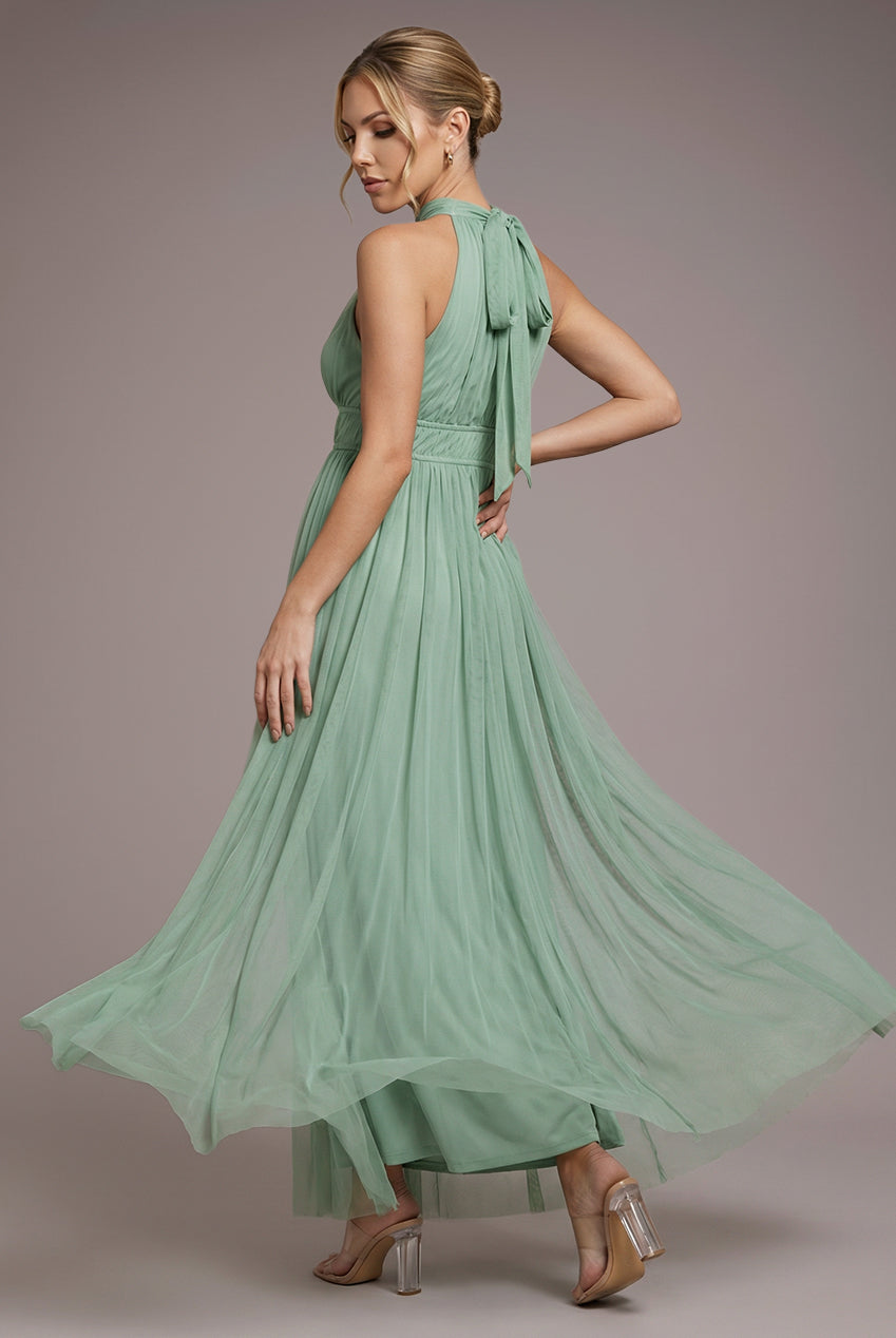 Goddiva Halter Neck Mesh Tie Maxi Dress - Dusty Sage