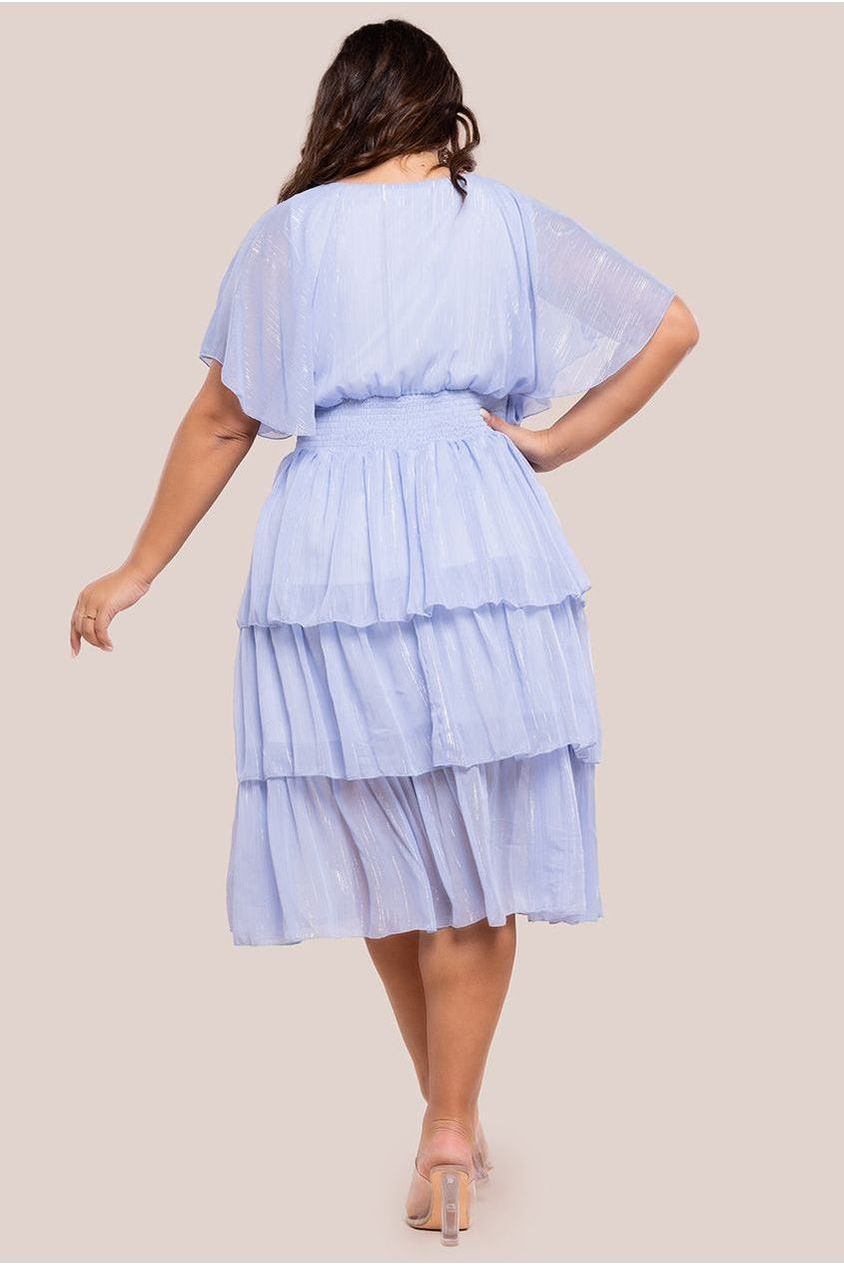 Goddiva Plus Plain Lurex Chiffon Tiered Midi Dress - Light Blue
