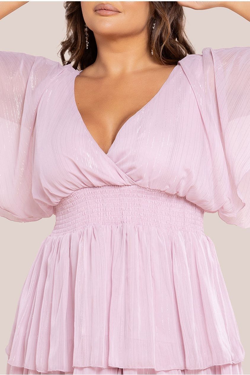 Goddiva Plus Plain Lurex Chiffon Tiered Midi Dress - Blush Pink