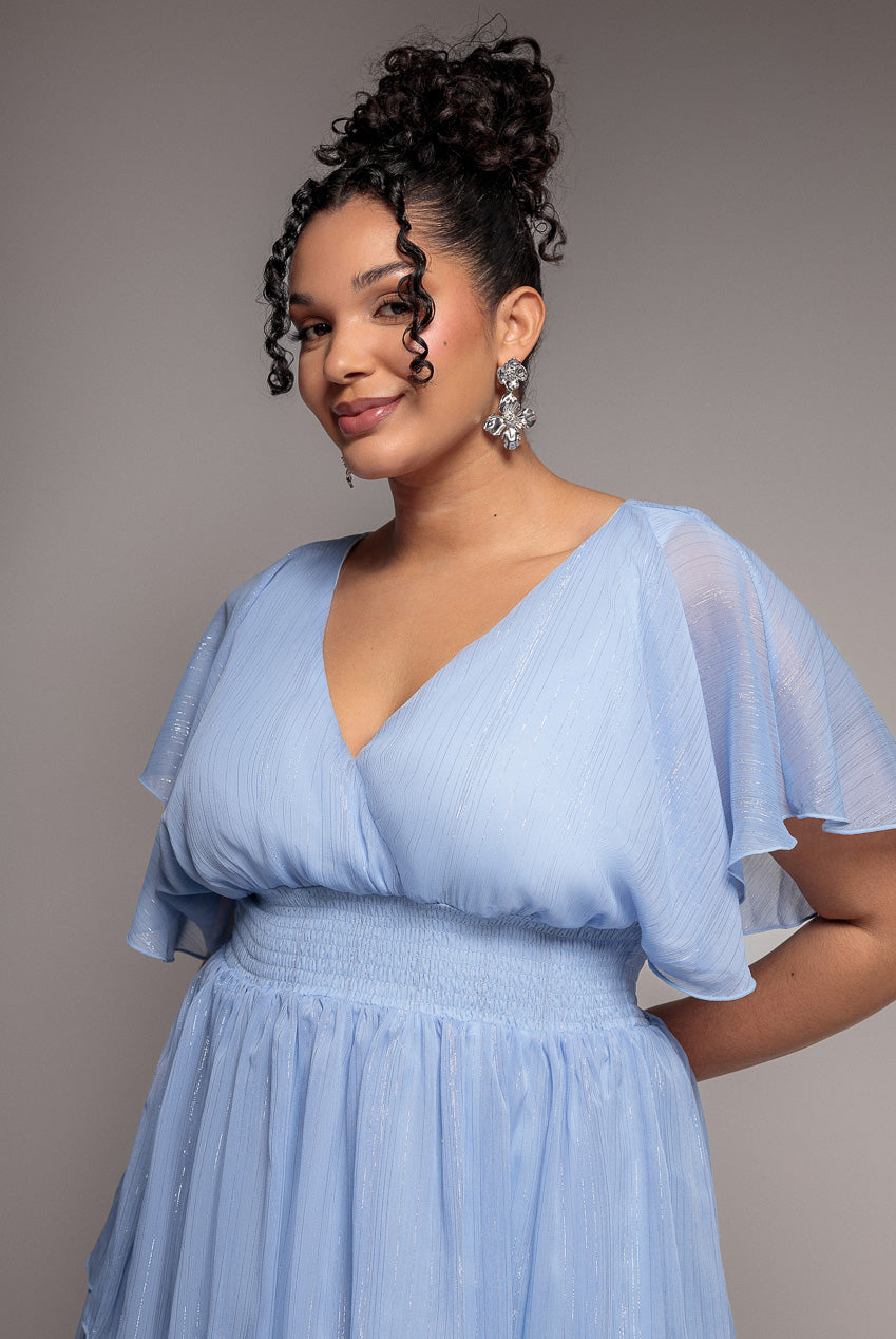 Goddiva Plus Plain Lurex Chiffon Tiered Midi Dress - Light Blue