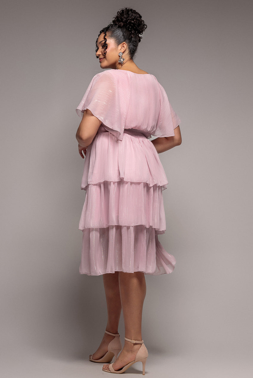 Goddiva Plus Plain Lurex Chiffon Tiered Midi Dress - Blush Pink