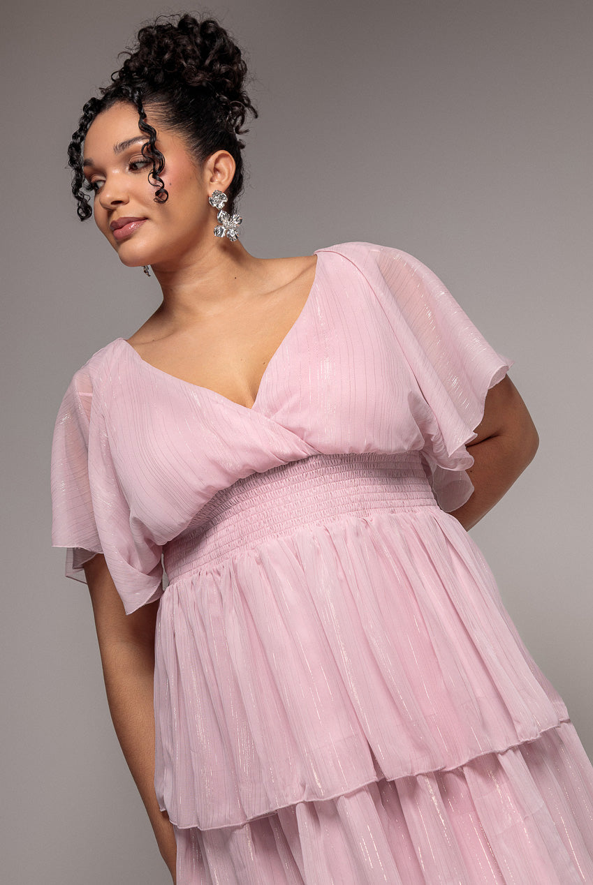 Goddiva Plus Plain Lurex Chiffon Tiered Midi Dress - Blush Pink