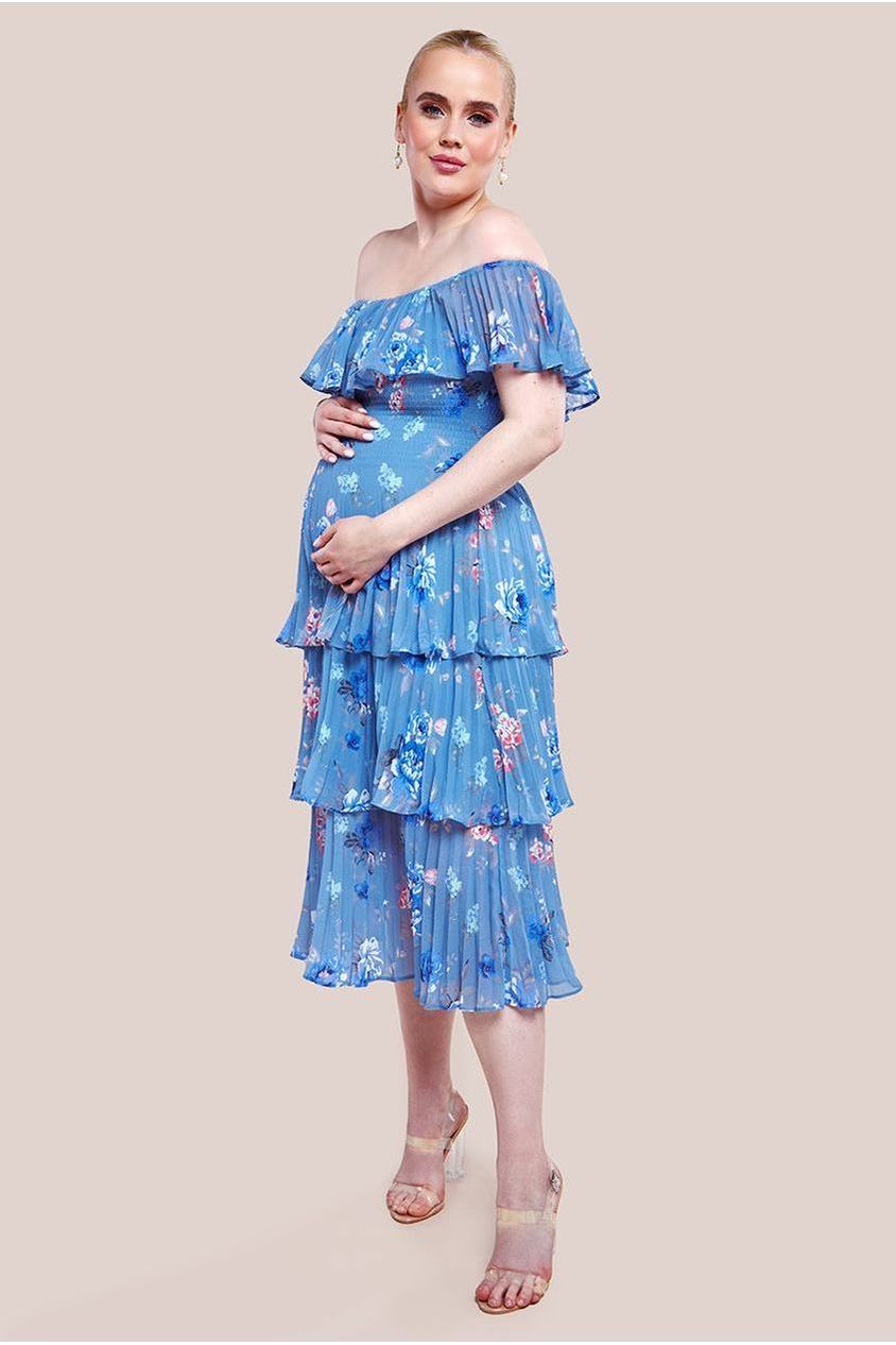 Goddiva Maternity Pleated Bodice Chiffon Tiered Midi Dress - Blue