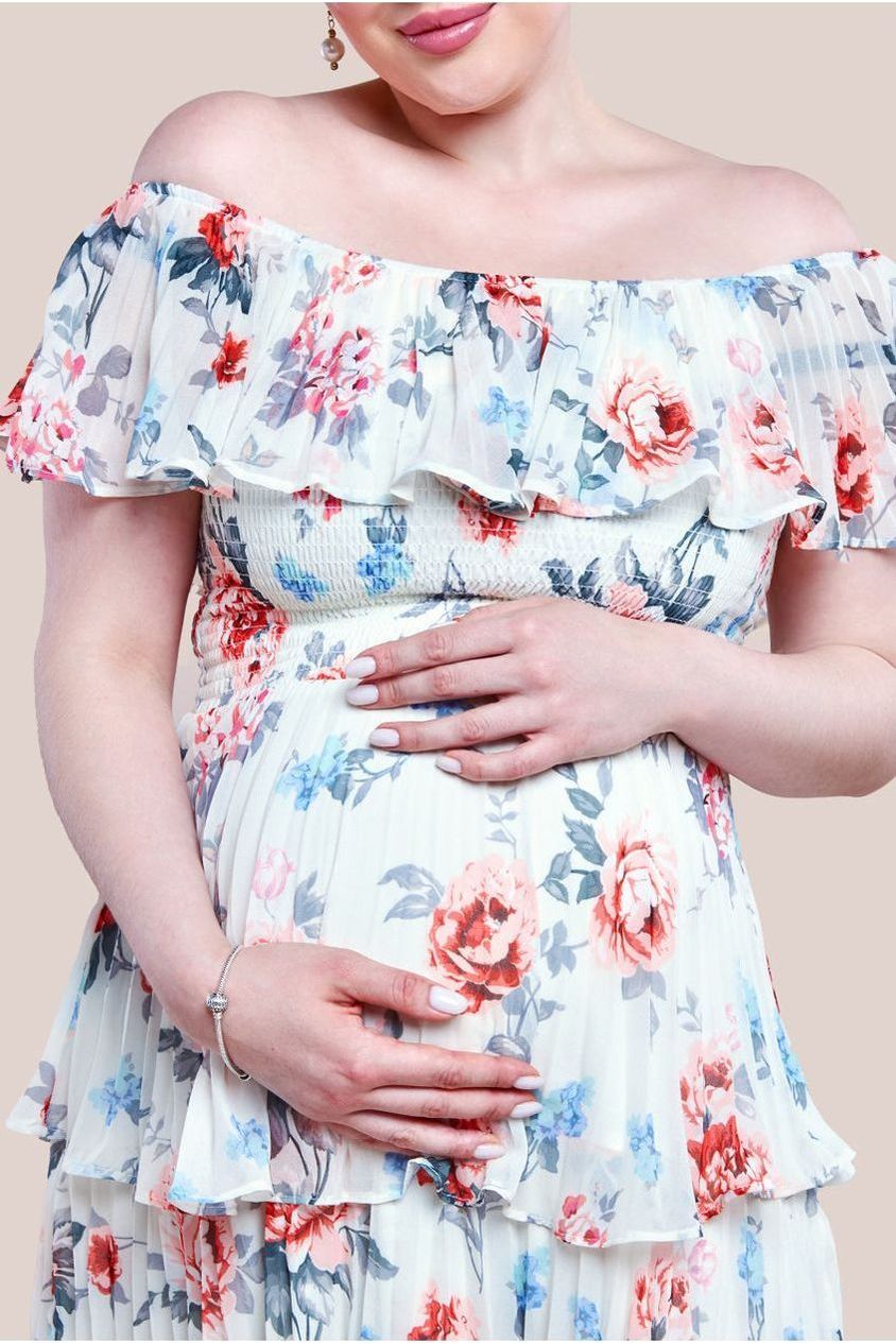 Goddiva Maternity Pleated Bodice Chiffon Tiered Midi Dress - Cream