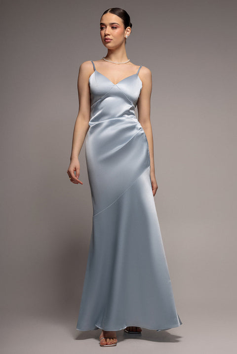 Goddiva Cowl Back Satin Maxi Dress - Blue