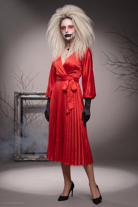 Goddiva Long Sleeve A-Line Midi Frankenstein's Bride-Inspired Halloween Costume - Red