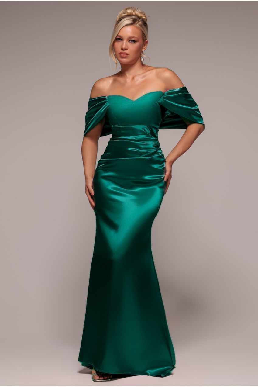 Goddiva Off Shoulder Satin Maxi With V Neck - Emerald