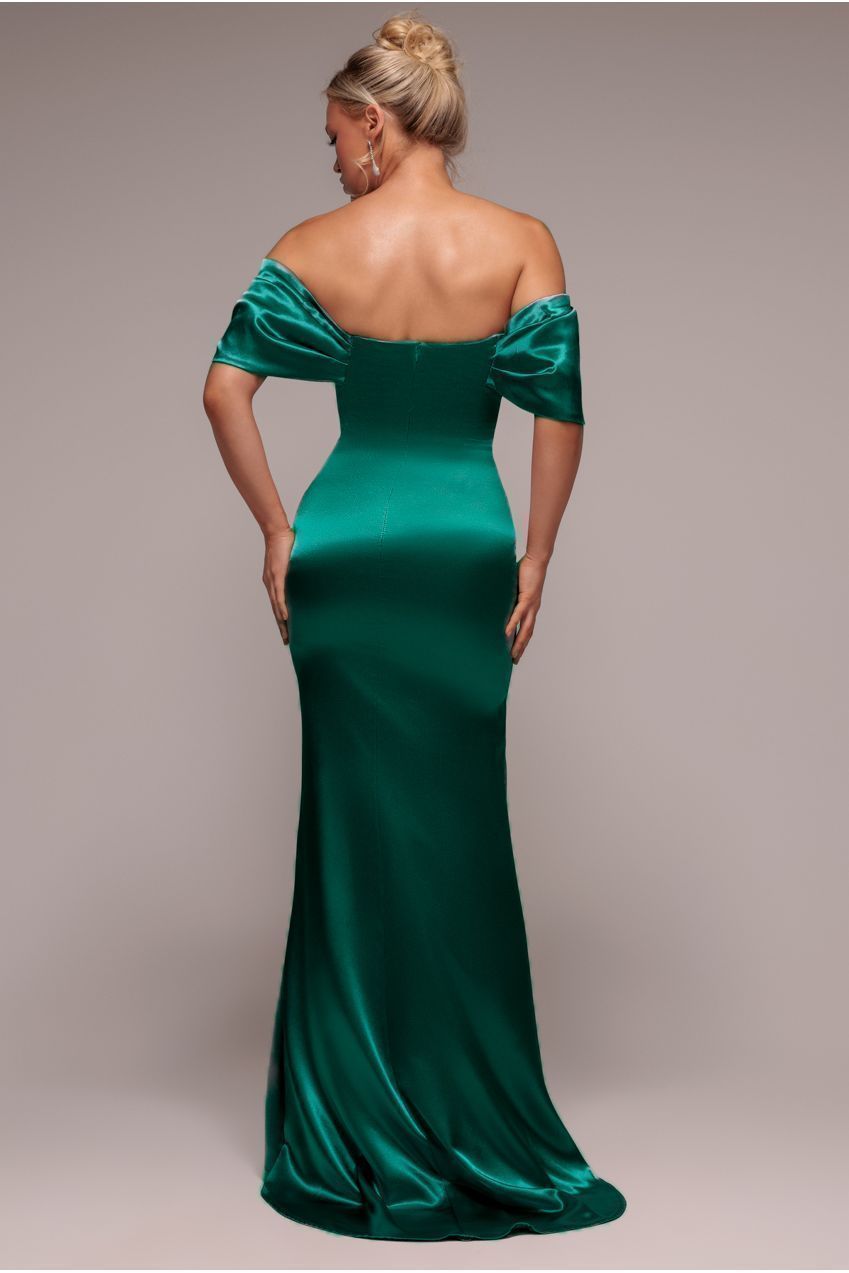 Goddiva Off Shoulder Satin Maxi With V Neck - Emerald