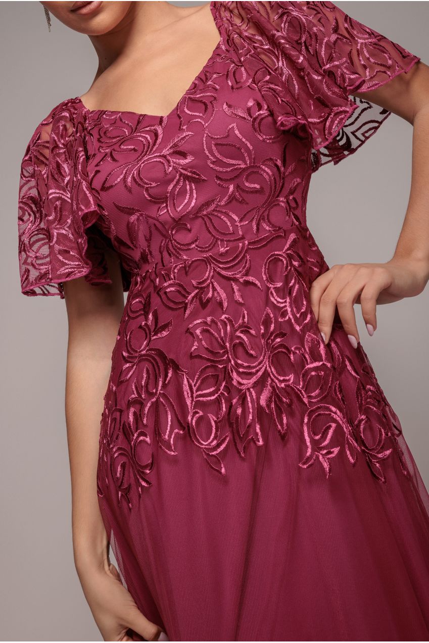 Goddiva Lace Flutter Sleeve Embroidered Mesh A Line Maxi Dress - Burgundy