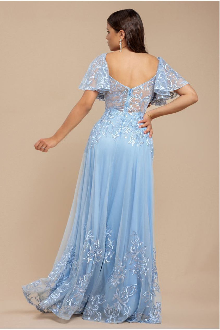 Goddiva Lace Flutter Sleeve Embroidered Mesh A Line Maxi Dress - Blue
