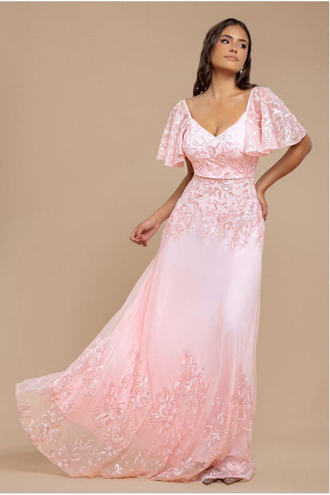 Goddiva Lace Flutter Sleeve Embroidered Mesh A Line Maxi Dress - Pink