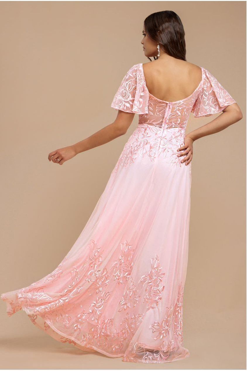 Goddiva Lace Flutter Sleeve Embroidered Mesh A Line Maxi Dress - Pink