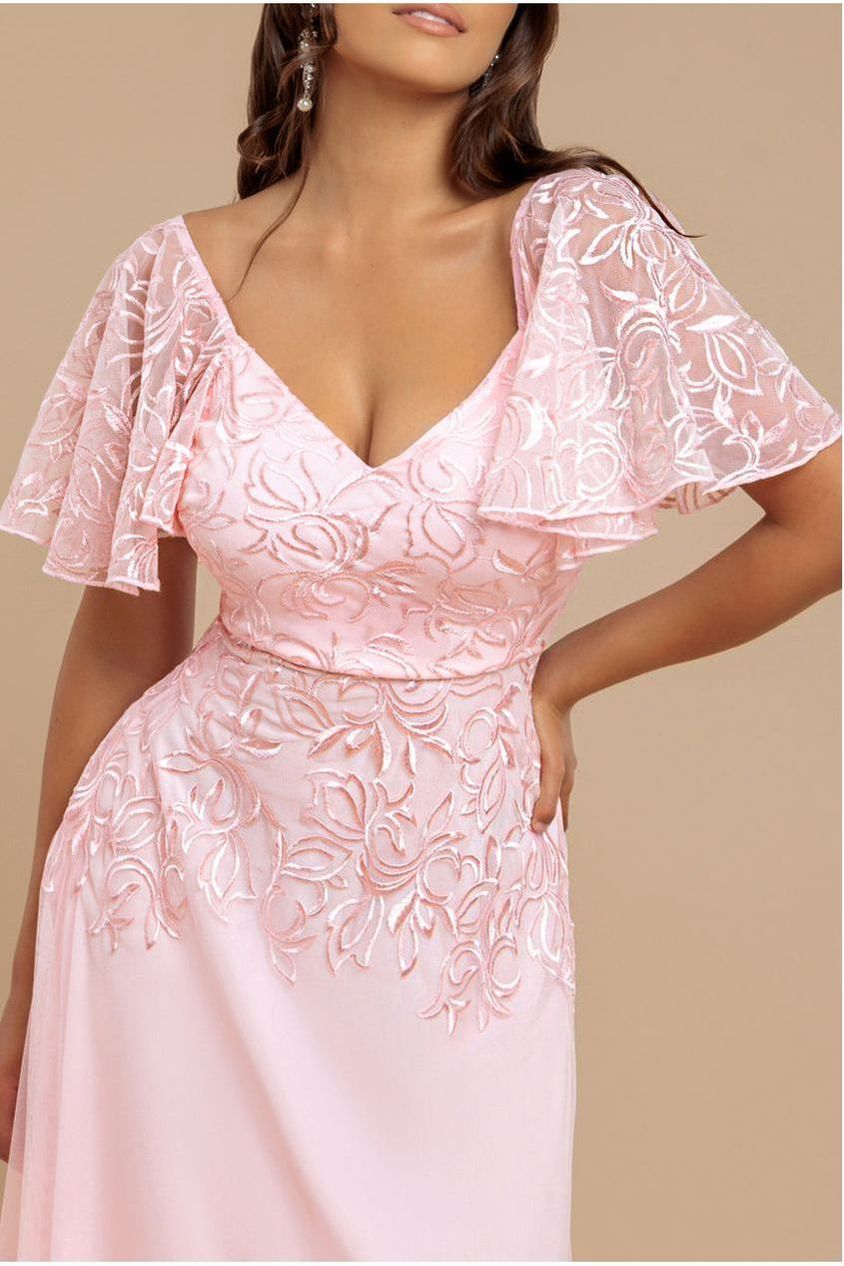 Goddiva Lace Flutter Sleeve Embroidered Mesh A Line Maxi Dress - Pink