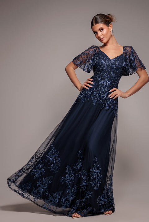 Goddiva Lace Flutter Sleeve Embroidered Mesh A Line Maxi Dress - Navy Blue