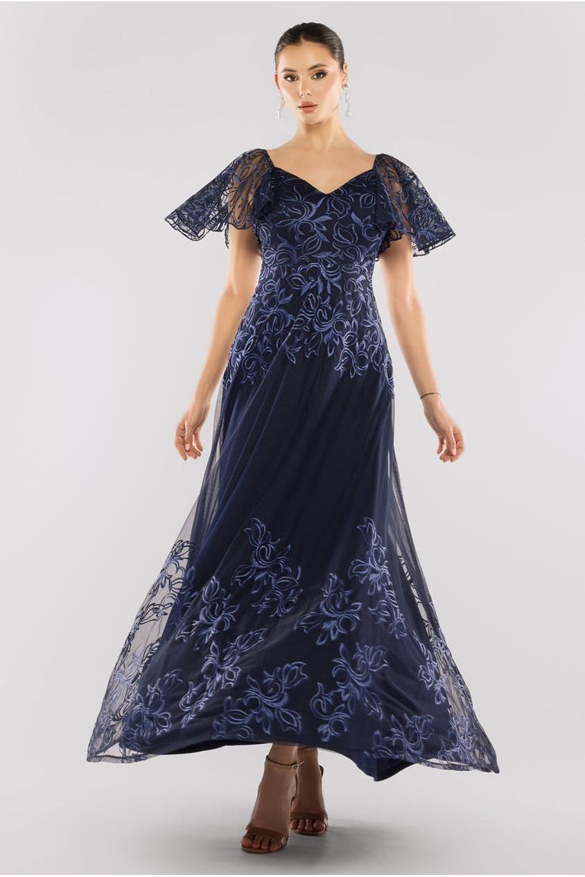 Goddiva Lace Flutter Sleeve Embroidered Mesh A Line Maxi Dress - Navy Blue
