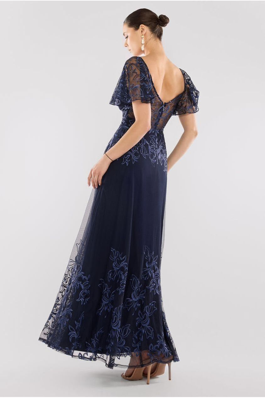 Goddiva Lace Flutter Sleeve Embroidered Mesh A Line Maxi Dress - Navy Blue