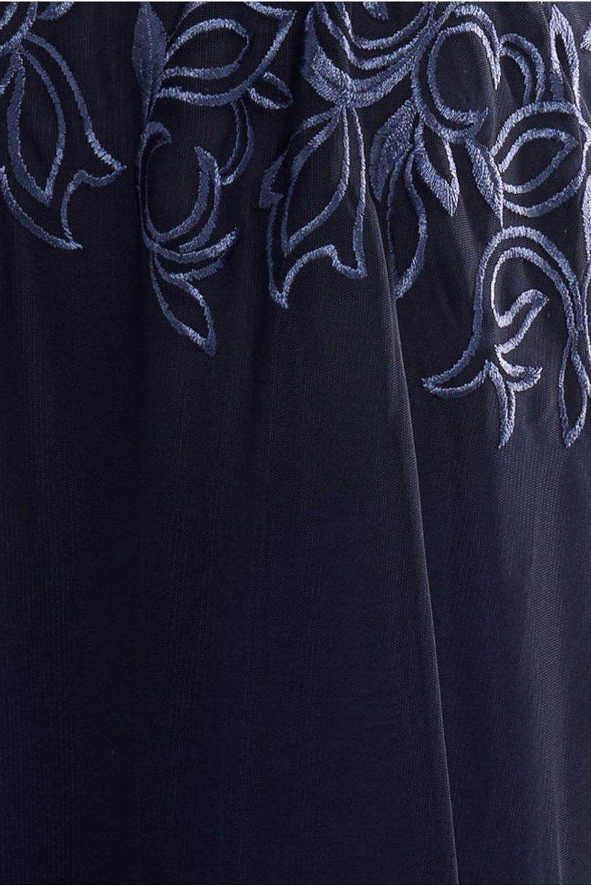 Goddiva Lace Flutter Sleeve Embroidered Mesh A Line Maxi Dress - Navy Blue