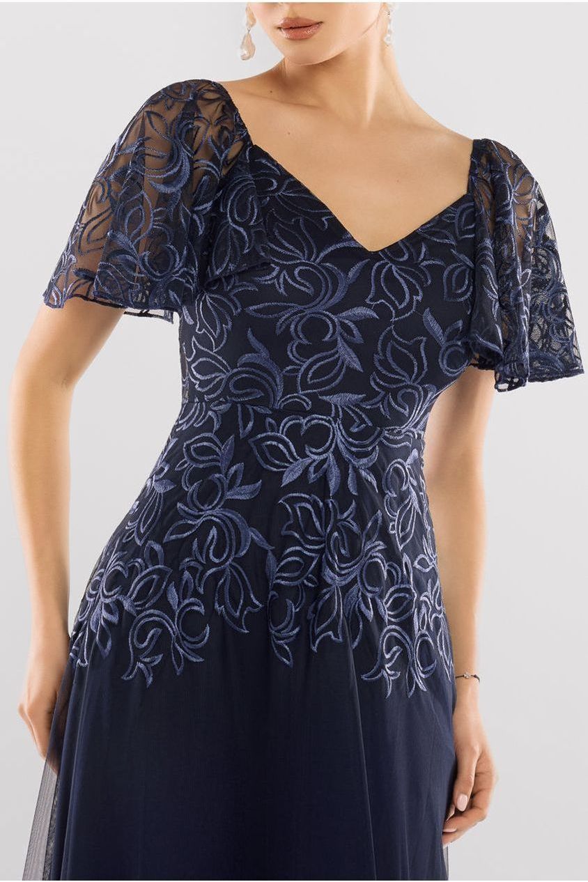 Goddiva Lace Flutter Sleeve Embroidered Mesh A Line Maxi Dress - Navy Blue