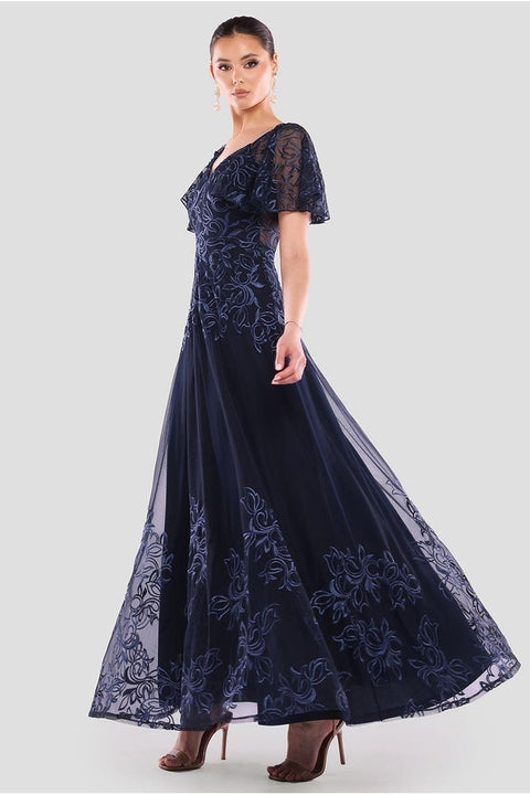 Goddiva Lace Flutter Sleeve Embroidered Mesh A Line Maxi Dress - Navy Blue