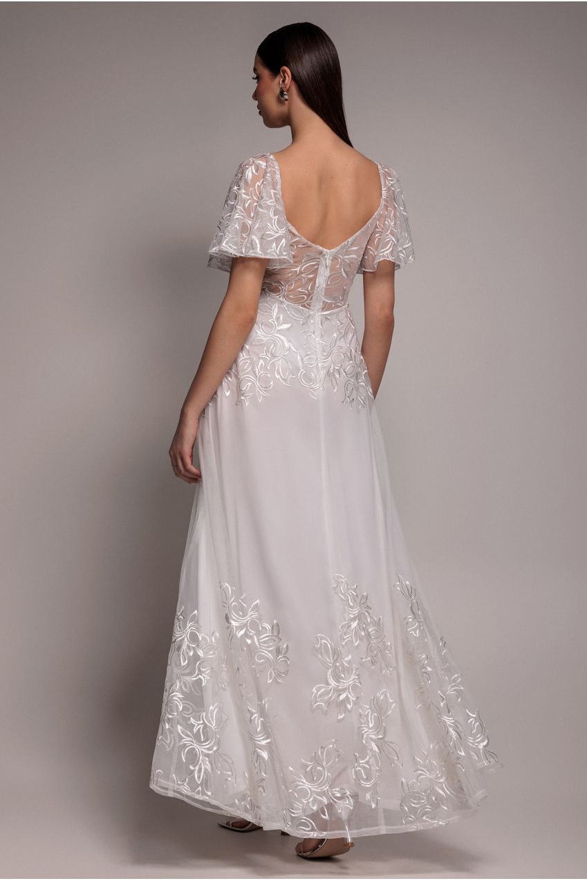 Goddiva Lace Flutter Sleeve Embroidered Mesh A Line Maxi Dress - White