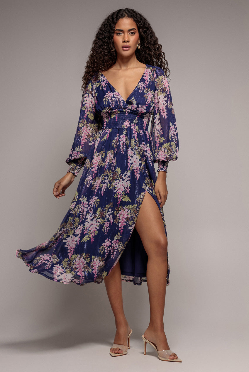 Goddiva Printed Lurex Chiffon Long Sleeve Midi Dress - Navy