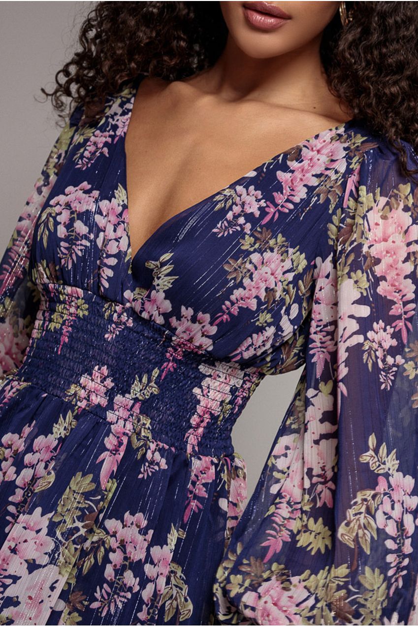 Goddiva Printed Lurex Chiffon Long Sleeve Midi Dress - Navy
