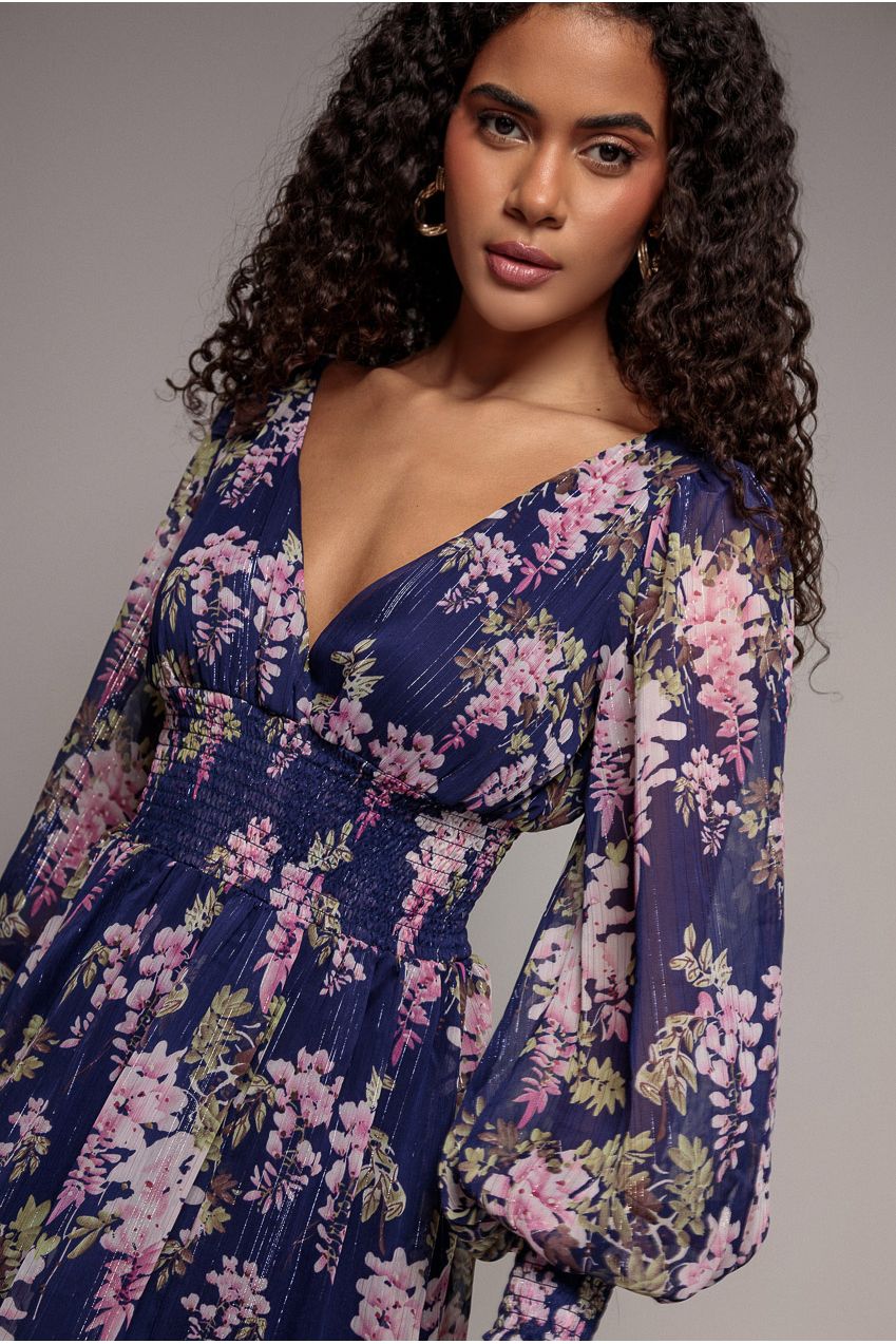 Goddiva Printed Lurex Chiffon Long Sleeve Midi Dress - Navy