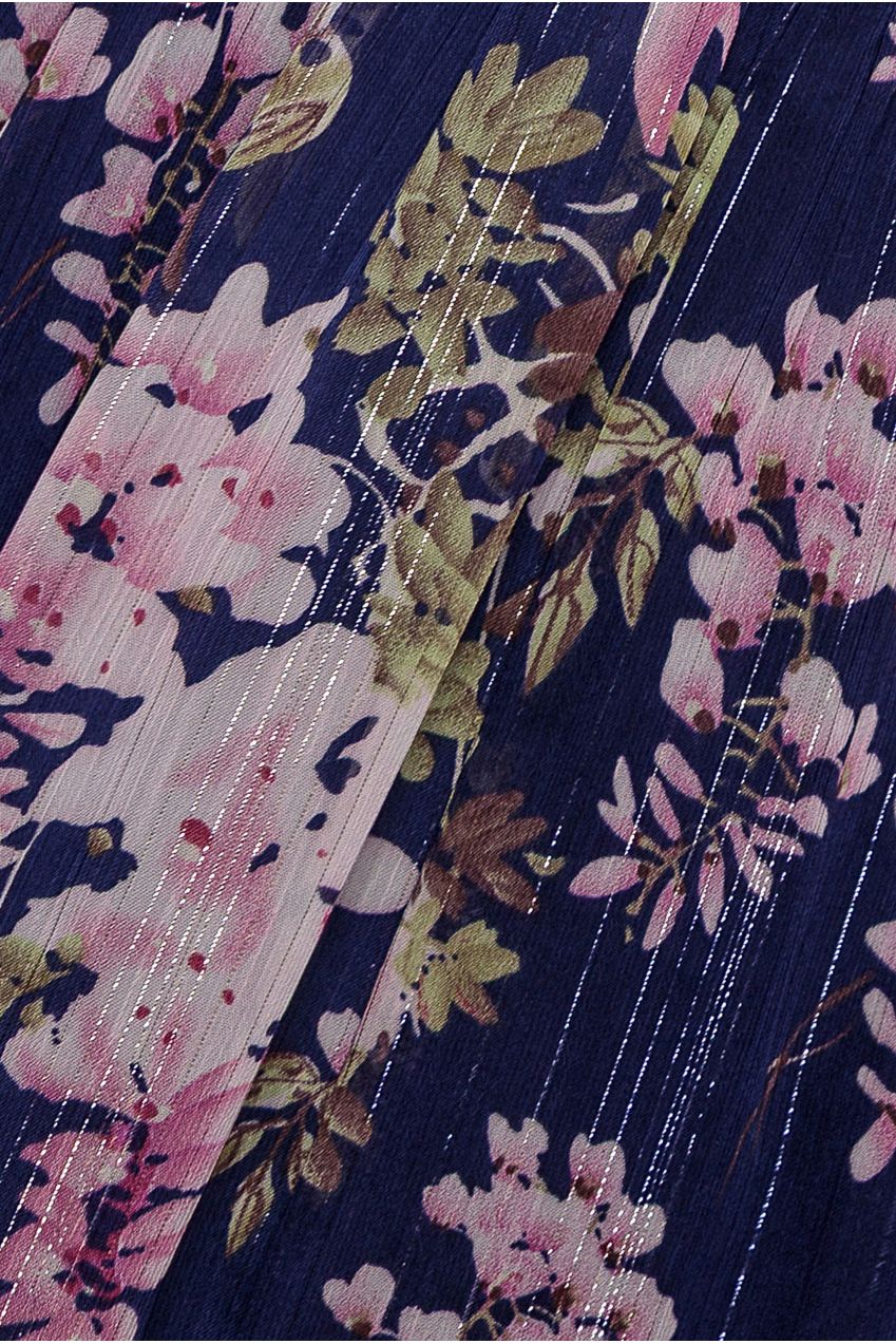 Goddiva Printed Lurex Chiffon Long Sleeve Midi Dress - Navy