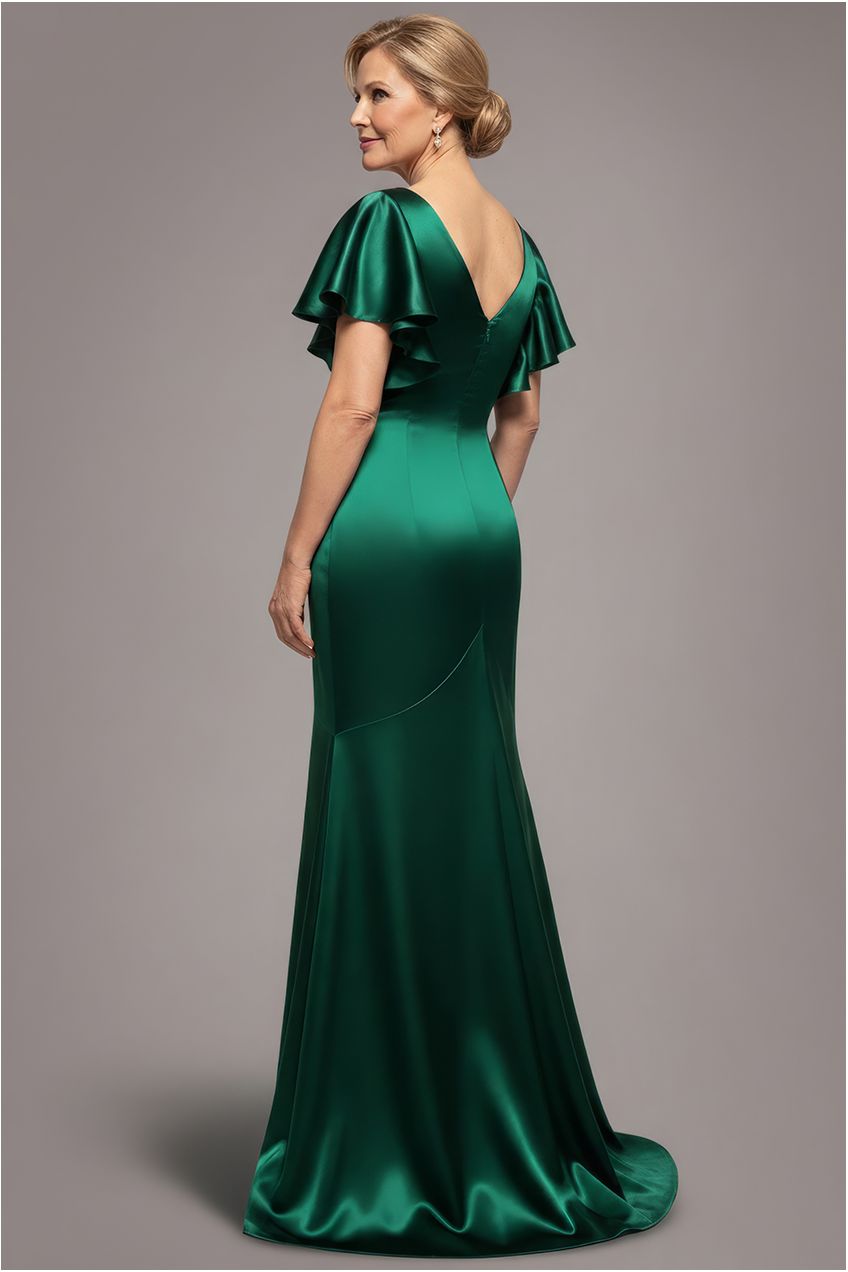 Goddiva Satin Flutter Sleeve Mermaid Maxi - Emerald Green