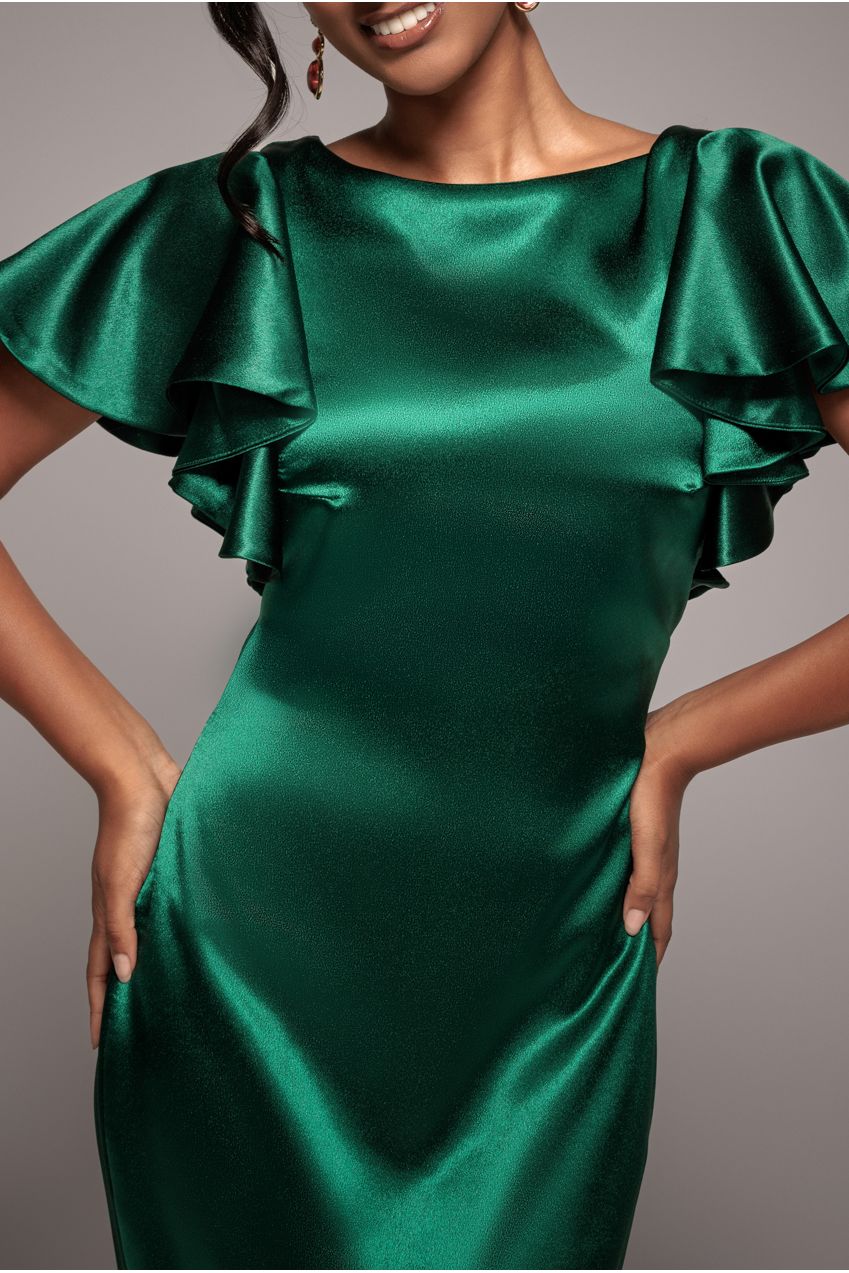 Goddiva Satin Flutter Sleeve Mermaid Maxi - Emerald Green