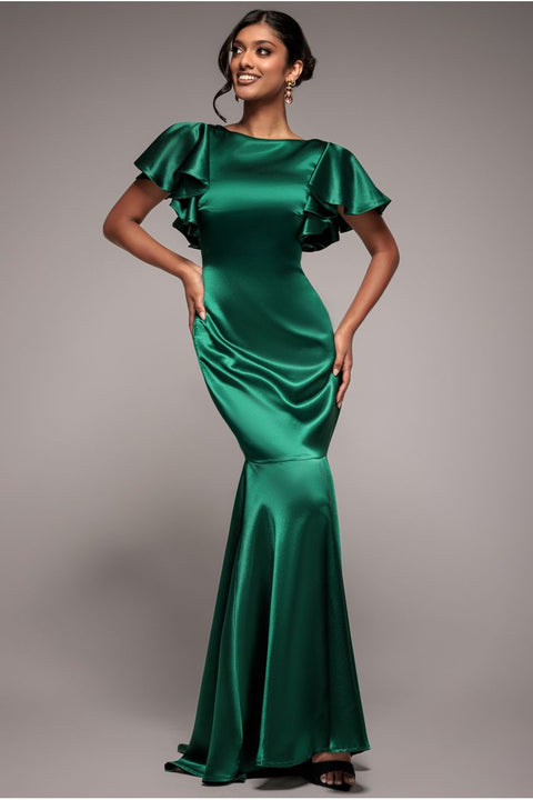 Goddiva Satin Flutter Sleeve Mermaid Maxi - Emerald Green