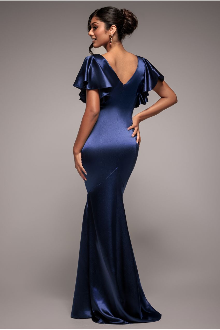Goddiva Satin Flutter Sleeve Mermaid Maxi - Navy