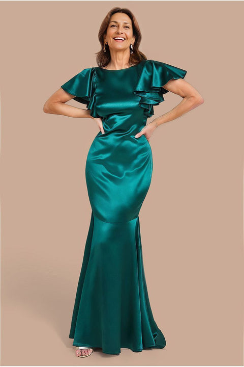 Goddiva Satin Flutter Sleeve Mermaid Maxi - Emerald Green