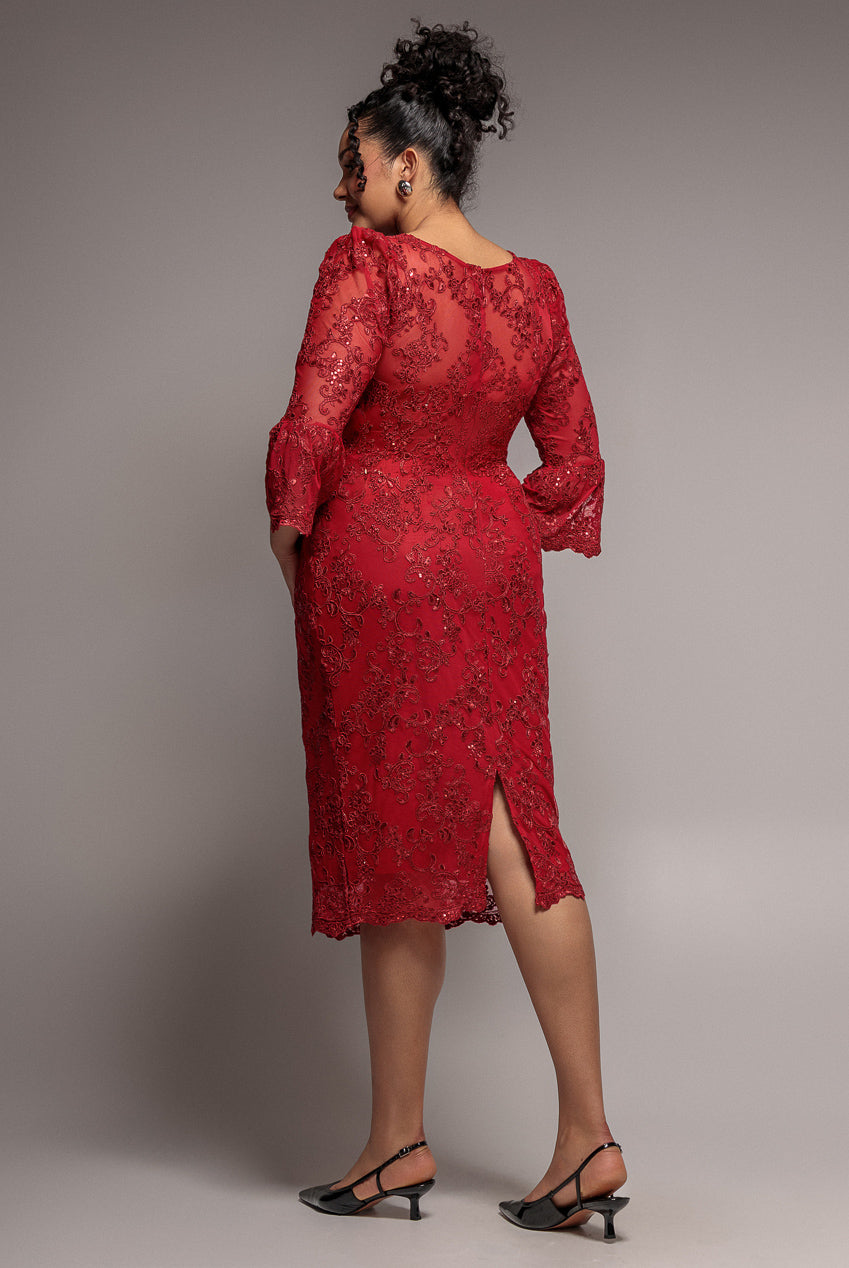 Goddiva Plus Scallop Lace Midi Dress- Red