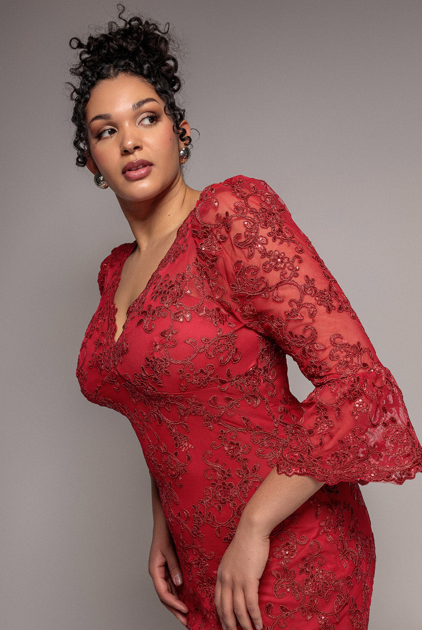 Goddiva Plus Scallop Lace Midi Dress- Red