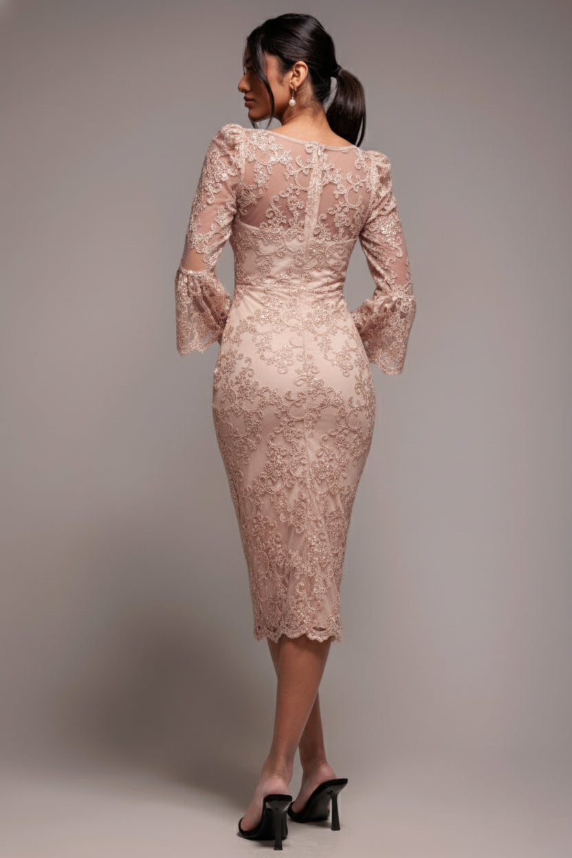 Goddiva Sequin Scallop Lace Midi Dress - Champagne