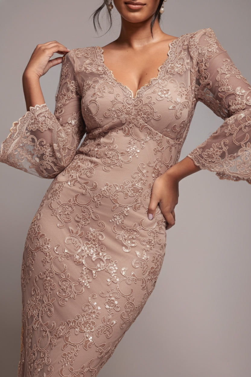 Goddiva Sequin Scallop Lace Midi Dress - Champagne