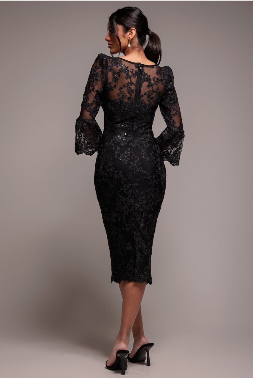 Goddiva Sequin Scallop Lace Midi Dress - Black