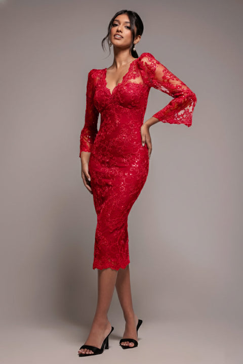 Goddiva Sequin Scallop Lace Midi Dress - Red
