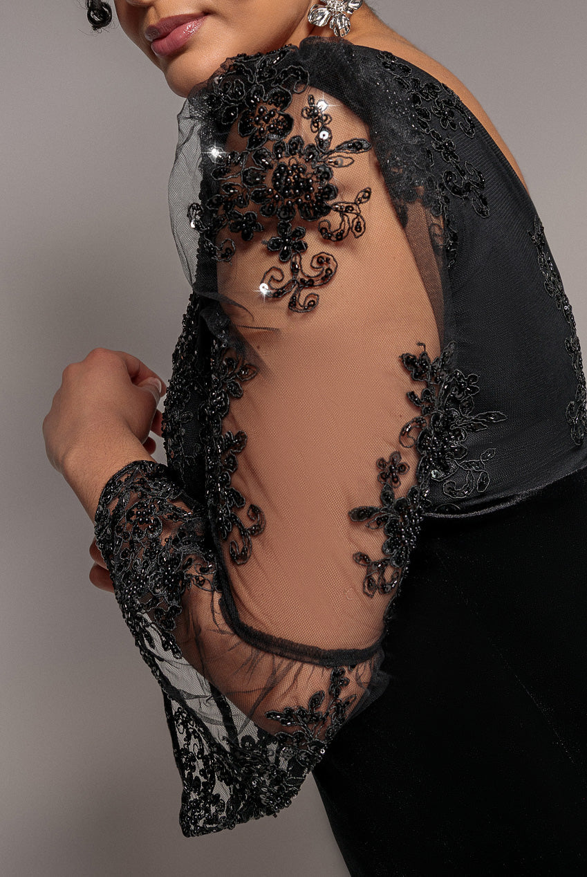Goddiva Plus Scalloped Lace & Velvet Maxi Dress - Black