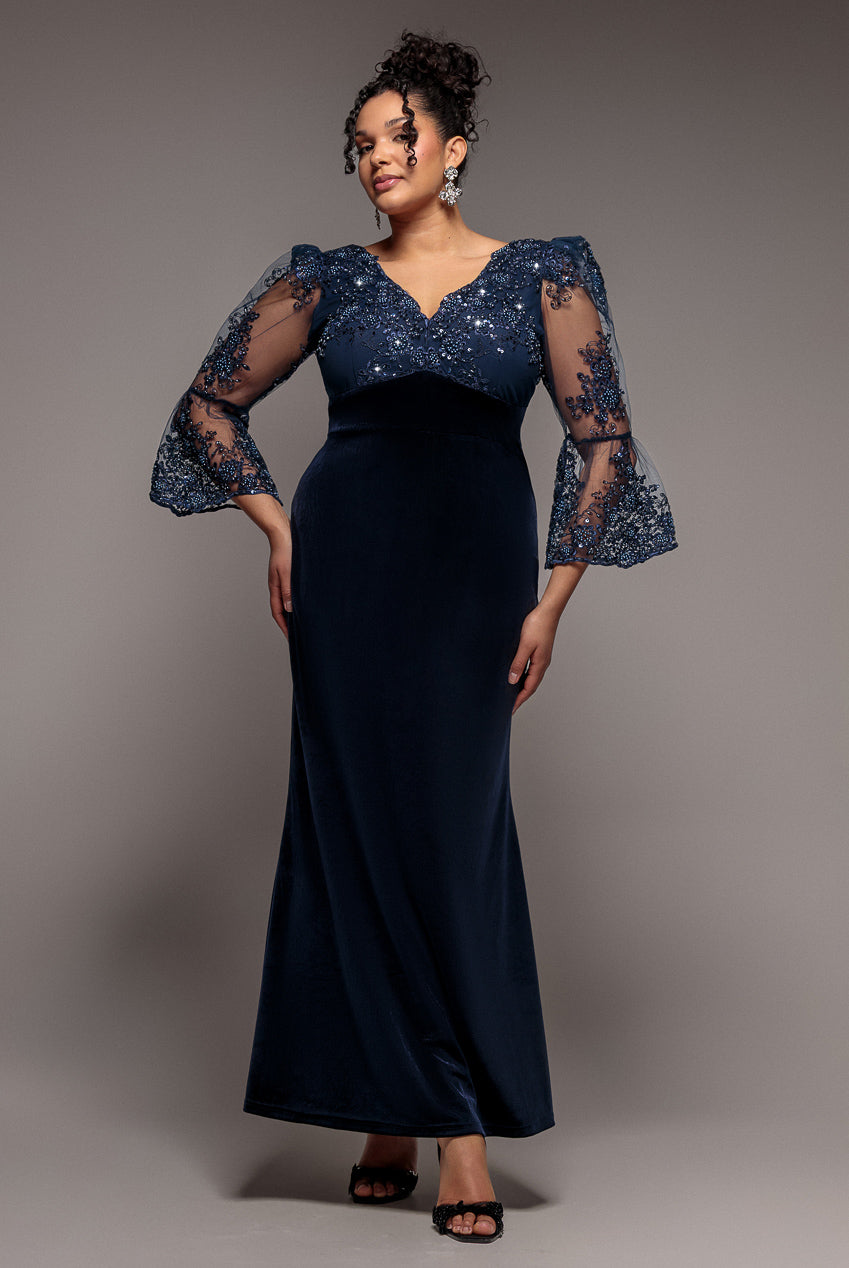 Goddiva Plus Scalloped Lace & Velvet Maxi Dress - Navy