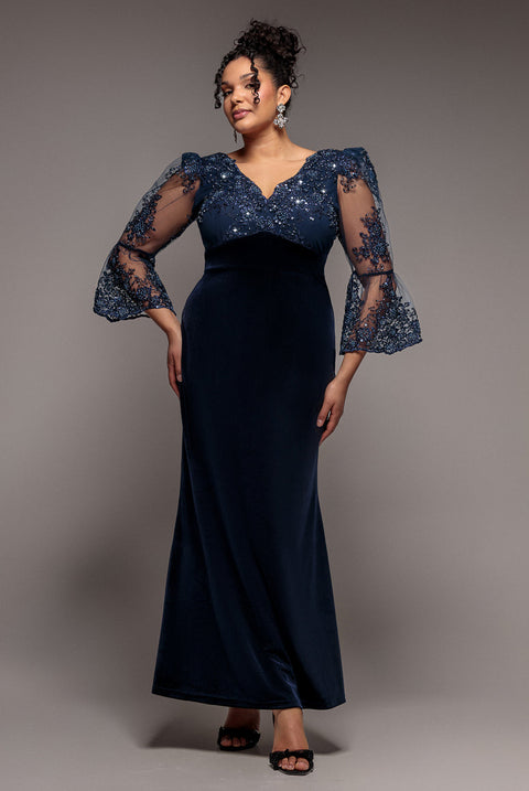 Goddiva Plus Scalloped Lace & Velvet Maxi Dress - Navy