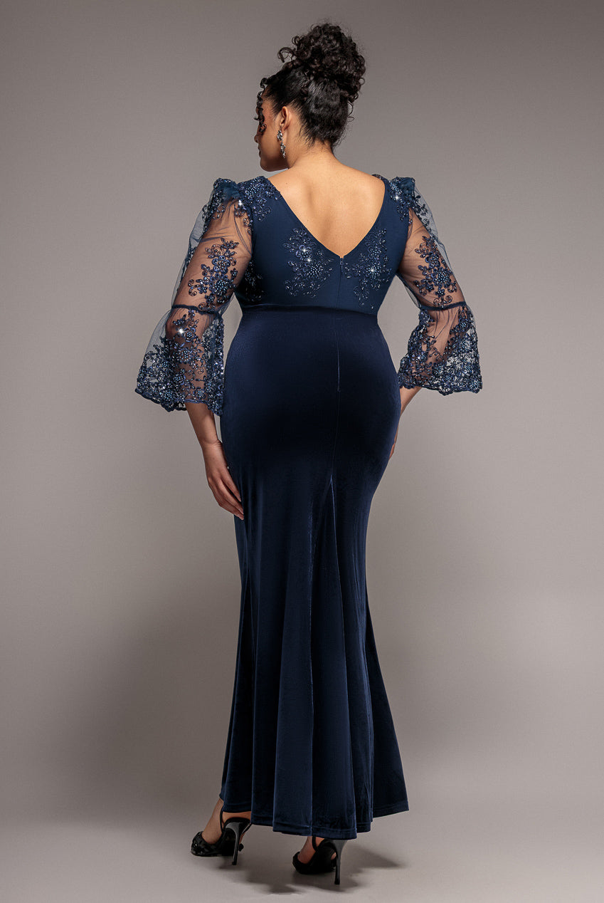 Goddiva Plus Scalloped Lace & Velvet Maxi Dress - Navy