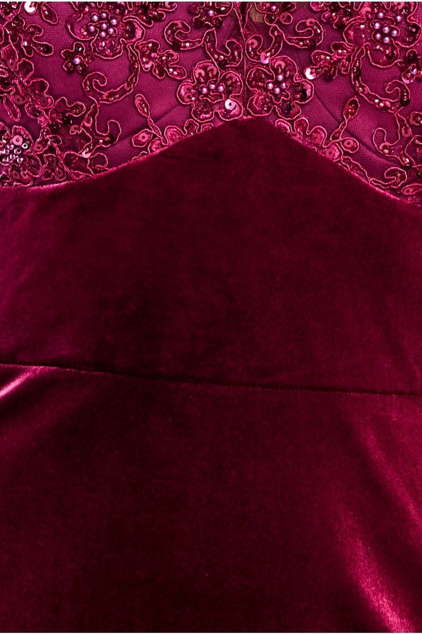 Goddiva Scalloped Lace & Velvet Maxi Dress - Burgundy