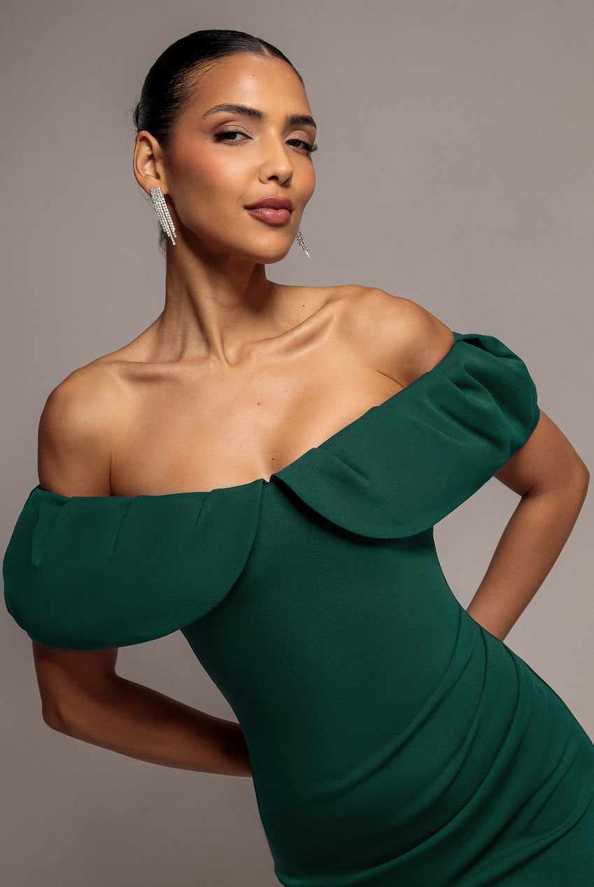 Goddiva Scuba Crepe Pleated Bardot Midi Dress - Emerald Green